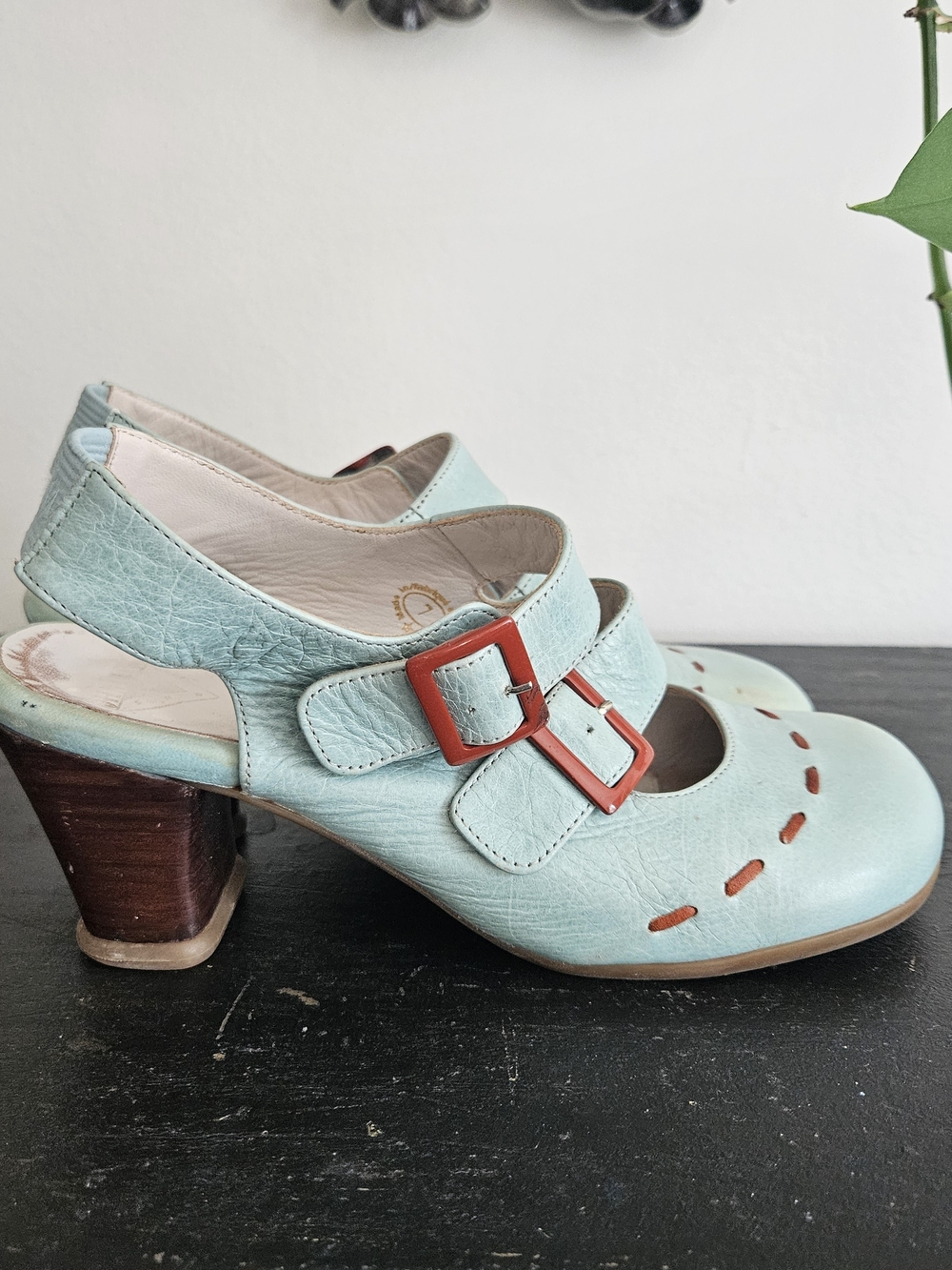 Fluevog Operetta Fiorenza Mint Leather Mary-Jane Slingback Heels Size 7 - Picture 4 of 10